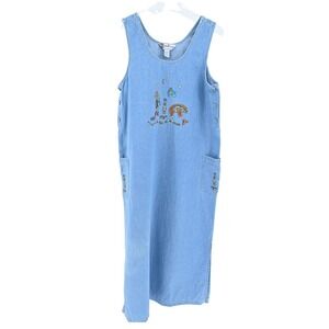 Vtg 90s Passion Denim Jumper Dress L Southwestern Embroidered Kokopelli Overall